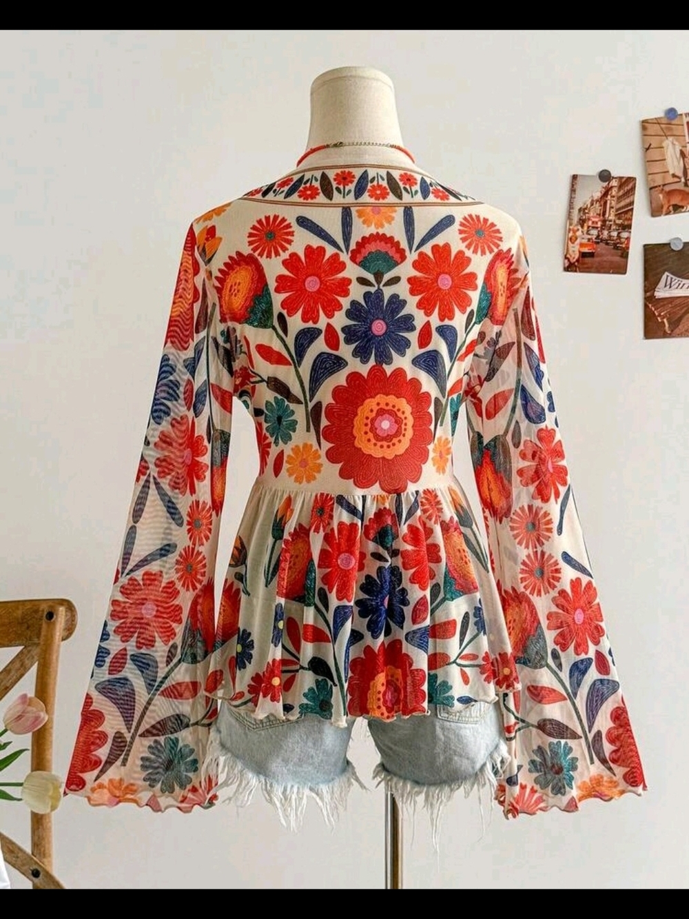 SHEIN Cream Boho Tie-Front Blouse with Red & Blue Floral Print - Picture 2 of 2